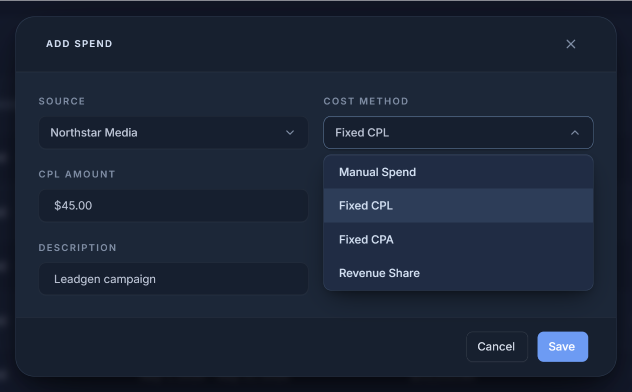 Add spend modal with cost method dropdown